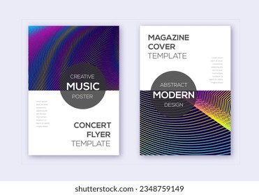 Conjunto moderno de plantillas de diseño de portada. Líneas abstractas del arcoiris sobre fondo azul oscuro. Diseño de cubierta exótica. Catálogo moderno, afiche, plantilla de libro, etc.