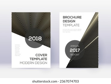 Modern cover design template set. Gold abstract lines on black background. Exquisite cover design. Wondrous catalog, poster, book template etc.