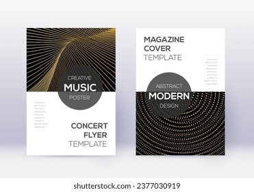 Modern cover design template set. Gold abstract lines on black background. Excellent cover design. Terrific catalog, poster, book template etc.