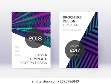 Modern cover design template set. Neon abstract lines on dark blue background. Extraordinary cover design. Fancy catalog, poster, book template etc.