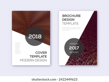 Modern cover design template set. Gold abstract lines on bordo background. Extra cover design. Impressive catalog, poster, book template etc.