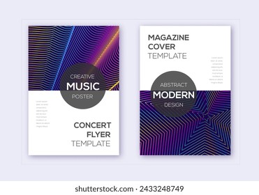 Conjunto de plantilla de diseño de portada moderna. Líneas abstractas del arco iris sobre fondo azul oscuro. Diseño exótico de la cubierta. Precioso catálogo, póster, plantilla de libro, etc.