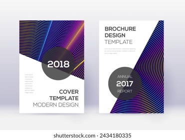 Modern cover design template set. Rainbow abstract lines on dark blue background. Fabulous cover design. Brilliant catalog, poster, book template etc.