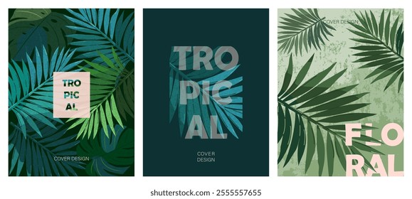 Modern cover design with tropical leaves. Layout of leaflet, poster, booklet, invitation to the presentation, sales.