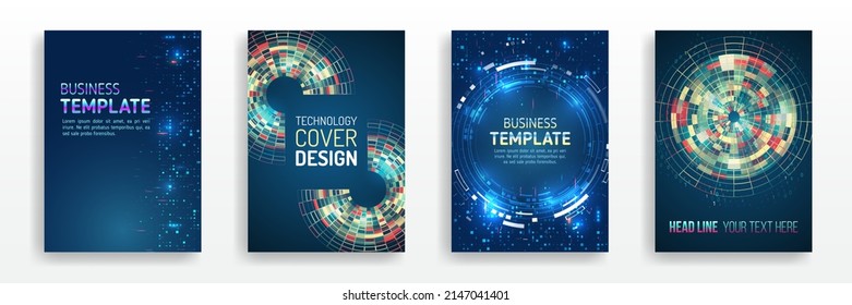 Modern cover design using tech elements and data visualization. Futuristic layout for presentation, poster, leaflet, annual report, a4 size. Abstract vector template in hi-tech style.