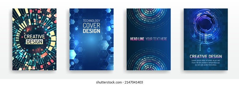 Modern cover design using tech elements and data visualization. Futuristic layout for presentation, poster, leaflet, annual report, a4 size. Abstract vector template in hi-tech style.