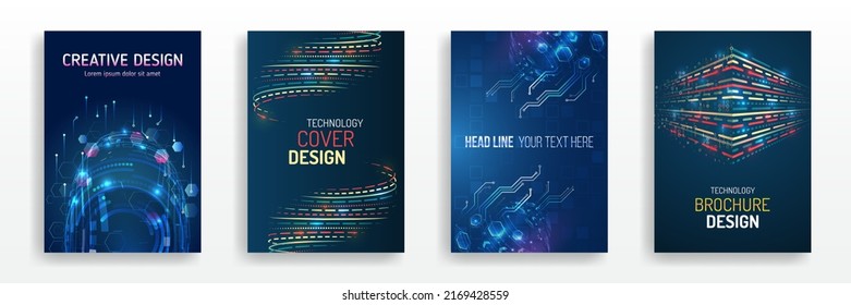 Modern cover design using tech elements and data visualization. Futuristic layout for presentation, poster, leaflet, annual report, a4 size. Abstract vector template in hi-tech style.