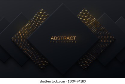 Modern cover design. Vector illustration. Advertising banner design. Abstract background with black geometric planes and shimmering golden glitters. Architectural composition with square shapes