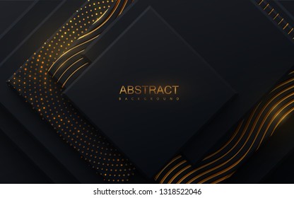 Modern cover design. Vector illustration. Advertising banner design. Abstract background with black geometric planes and shimmering golden patterns. Architectural composition with square shapes