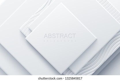 Modern cover design. Vector illustration. Advertising banner design. Abstract background with white geometric planes textured with wavy ornament. Architectural composition with square shapes