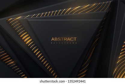 Modern cover design. Vector illustration. Ad banner design. Abstract background. Black geometric shapes textured with golden wavy pattern. Architectural composition with triangle shapes. Layout design