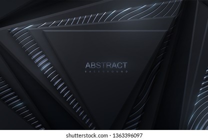 Modern cover design. Vector illustration. Ad banner design. Abstract background. Black geometric shapes textured with silver wavy pattern. Architectural composition with triangle shapes. Layout design