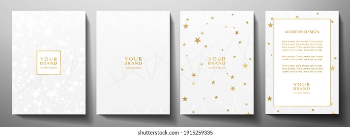 Modern cover, frame design set. Luxury white creative line pattern and golden stars . Vector luxe background for notebook, planner, brochure cover, Christmas invitation (invite)