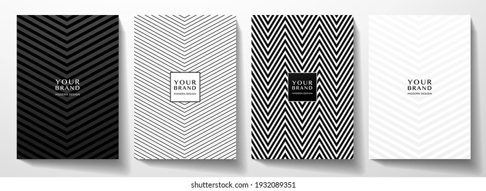 Modern cover, frame design set. Abstract creative line pattern (herringbone ornament) in monochrome black, white color. Formal vector layout for notebook cover, business background, brochure template