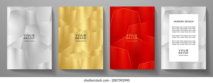 Modern cover, frame design set. Luxury geometric pattern in gold, silver, red colour. Premium vector background for makeup catalog, brochure template, magazine layout, beauty booklet