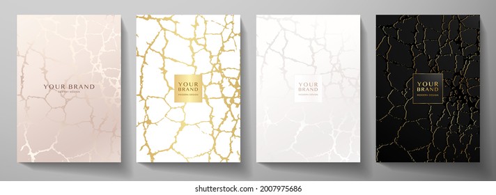 Modern cover, frame design set. Premium abstract pattern with crack texture (grunge background). Luxury vector in pink, gold, white, black colour for catalog, brochure template, restaurant or cafe men