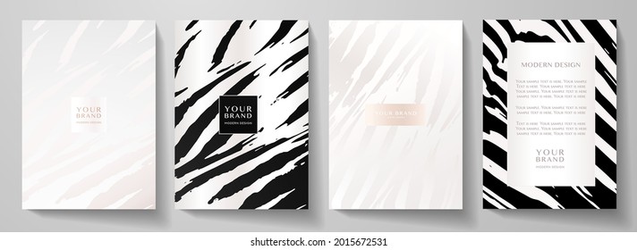 Modern cover, frame design set. Abstract wavy line pattern (curve print) on background. Premium luxury stripe vector collection for luxe brochure template, restaurant menu
