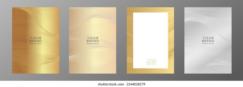 Modern cover frame design set. Gold abstract line pattern guilloche curves background in premium color. Luxury golden stripe vector layout for business catalog, certificate, brochure template, card