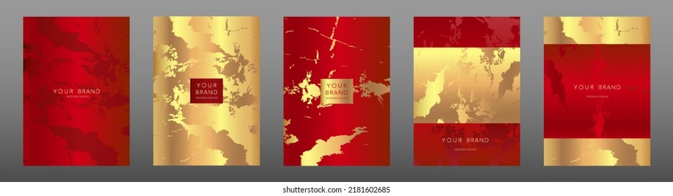 Modern cover frame design set. Creative premium abstract with red and gold marble texture, crack background. Luxury vector collection for chinese new year invitation, brochure template, layout A4