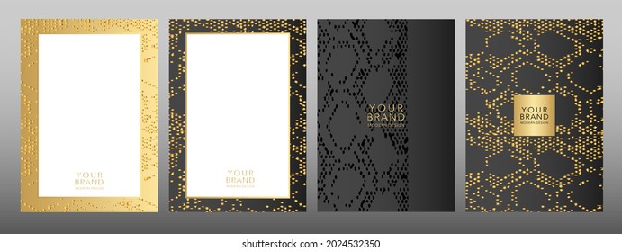 Modern cover, frame elegant set. Gold print of snake python luxury background. Abstract wavy line pattern on backdrop. Premium luxury stripes vector collection for brochure, template, restaurant menu.