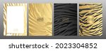 Modern cover, frame safari set. Gold tiger print luxury background. Abstract wavy line pattern print on backdrop. Premium luxury stripes vector collection for brochure, template, restaurant menu.