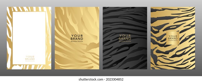 Modern Cover, Frame Safari Set. Gold Tiger Print Luxury Background. Abstract Wavy Line Pattern Print On Backdrop. Premium Luxury Stripes Vector Collection For Brochure, Template, Restaurant Menu.