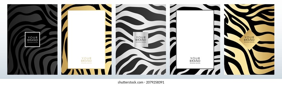 Modern cover, frame safari set. Gold and silver tiger luxury background. Abstract wavy line pattern print on backdrop. Premium luxury stripes vector collection for brochure, template, restaurant menu.