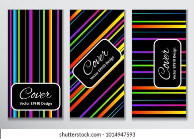 Modern cover gradient stripe design. Contrast cover for header page of invitation. Layout with colorful gradient stripes on black background for business purpose.