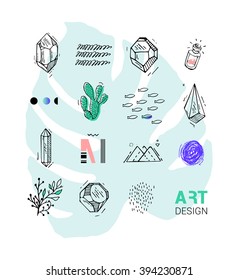 Modern Cover with hand-drawn elements of diamonds and palm trees. Hipster poster for print.