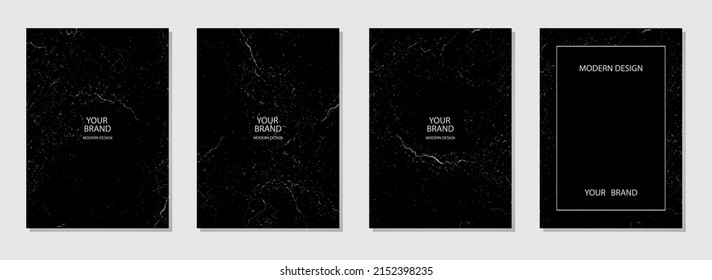 Modern cover, place for text. Stylish black background with grunge marble texture (cracked). Collection of vertical original templates for catalogue, brochure, magazine layout, booklet, flyer.