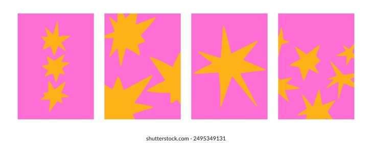 Modern cover set with orange doodle stars on pink background