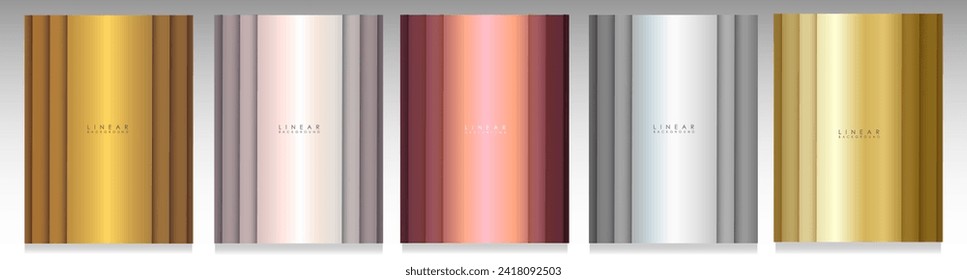 Modern cover set with vertical shadows. Gold, silver and purple background. Geometric design , staircase optical effect, iridescent tones.