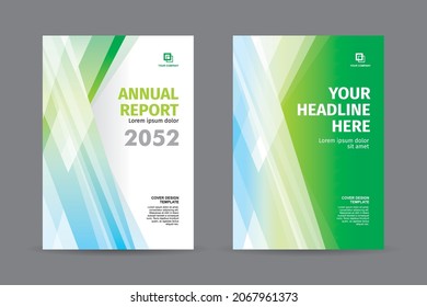 Modern cover template for annual report book magazine with random transparent shape white cyan and green color theme 