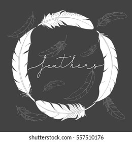 Modern cover template with hand drawn feathers. Doodle style decorative elements. Vector Feather Logo illustration. Trendy header layout. Circle frame