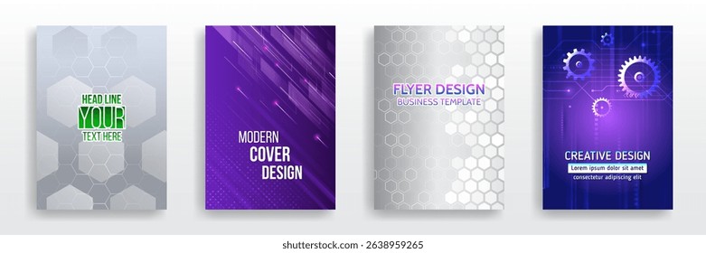 Modern covers with abstract backgrounds, hexagonal patterns and gears. Perfect for designing business flyers, tech presentations, posters and digital publications.