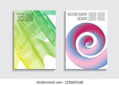 Modern covers with gradient wavy line shapes. Futuristic minimal design with a multi-colored bionic background. A4 format. Eps10 vector. For poster, layout, placard, grunge paper, card, book.