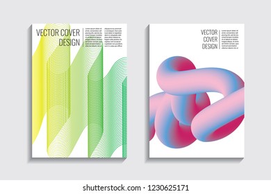 Modern covers with gradient wavy line shapes. Futuristic minimal design with a multi-colored bionic background. A4 format. Eps10 vector. For poster, layout, placard, grunge paper, card, book.