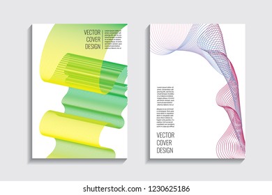 Modern covers with gradient wavy line shapes. Futuristic minimal design with a multi-colored bionic background. A4 format. Eps10 vector. For poster, layout, placard, grunge paper, card, book.