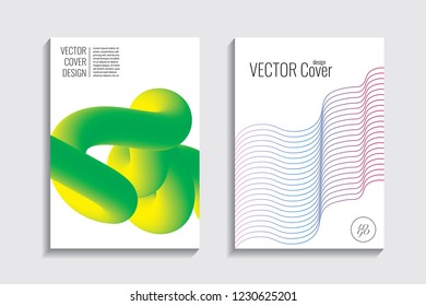 Modern covers with gradient wavy line shapes. Futuristic minimal design with a multi-colored bionic background. A4 format. Eps10 vector. For poster, layout, placard, grunge paper, card, book.
