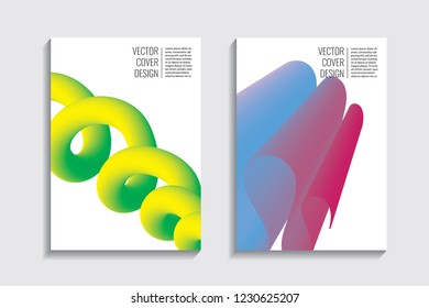 Modern covers with gradient wavy line shapes. Futuristic minimal design with a multi-colored bionic background. A4 format. Eps10 vector. For poster, layout, placard, grunge paper, card, book.
