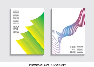 Modern covers with gradient wavy line shapes. Futuristic minimal design with a multi-colored bionic background. A4 format. Eps10 vector. For poster, layout, placard, grunge paper, card, book.