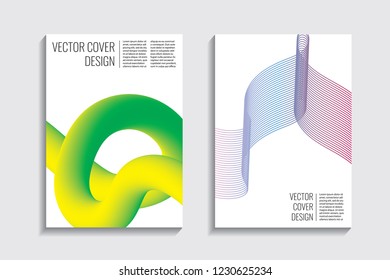 Modern covers with gradient wavy line shapes. Futuristic minimal design with a multi-colored bionic background. A4 format. Eps10 vector. For poster, layout, placard, grunge paper, card, book.