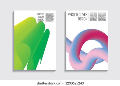 Modern covers with gradient wavy line shapes. Futuristic minimal design with a multi-colored bionic background. A4 format. Eps10 vector. For poster, layout, placard, grunge paper, card, book.