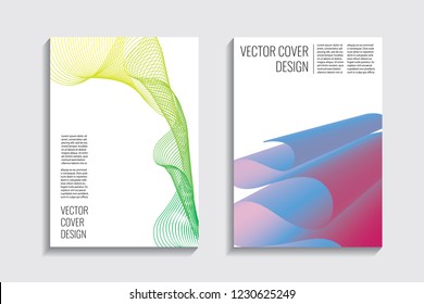 Modern covers with gradient wavy line shapes. Futuristic minimal design with a multi-colored bionic background. A4 format. Eps10 vector. For poster, layout, placard, grunge paper, card, book.