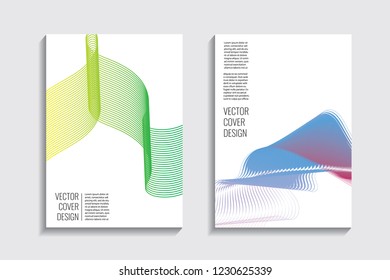 Modern covers with gradient wavy line shapes. Futuristic minimal design with a multi-colored bionic background. A4 format. Eps10 vector. For poster, layout, placard, grunge paper, card, book.