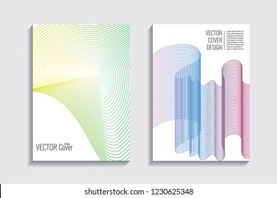 Modern covers with gradient wavy line shapes. Futuristic minimal design with a multi-colored bionic background. A4 format. Eps10 vector. For poster, layout, placard, grunge paper, card, book.