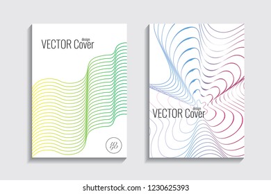 Modern covers with gradient wavy line shapes. Futuristic minimal design with a multi-colored bionic background. A4 format. Eps10 vector. For poster, layout, placard, grunge paper, card, book.