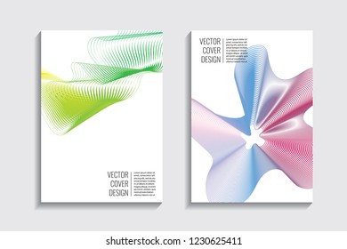 Modern covers with gradient wavy line shapes. Futuristic minimal design with a multi-colored bionic background. A4 format. Eps10 vector. For poster, layout, placard, grunge paper, card, book.