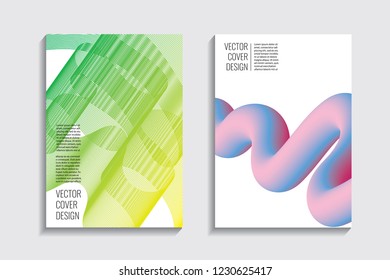 Modern covers with gradient wavy line shapes. Futuristic minimal design with a multi-colored bionic background. A4 format. Eps10 vector. For poster, layout, placard, grunge paper, card, book.