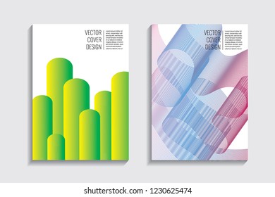 Modern covers with gradient wavy line shapes. Futuristic minimal design with a multi-colored bionic background. A4 format. Eps10 vector. For poster, layout, placard, grunge paper, card, book.